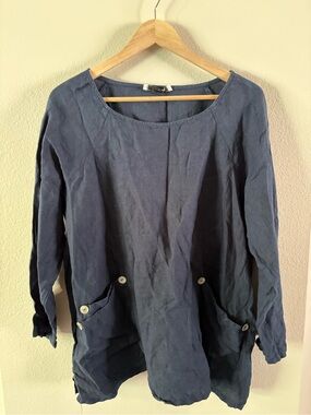 Snappy Turtle Linen coastal gradma relaxed Navy Button-Pocket Tunic Large